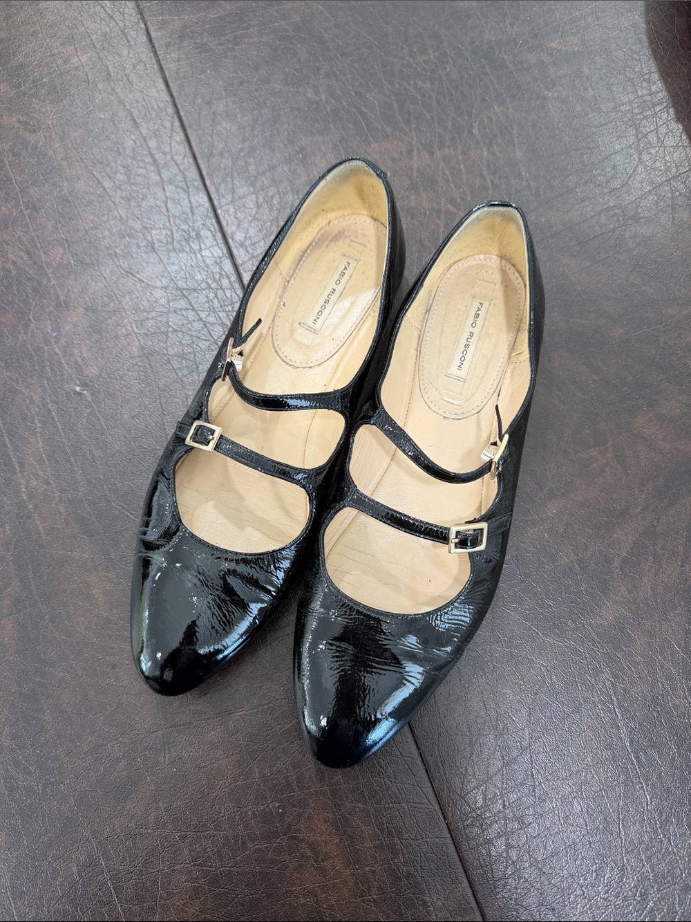 Black Patent Triple-Strap Mary Jane Flats by Franco Sarto